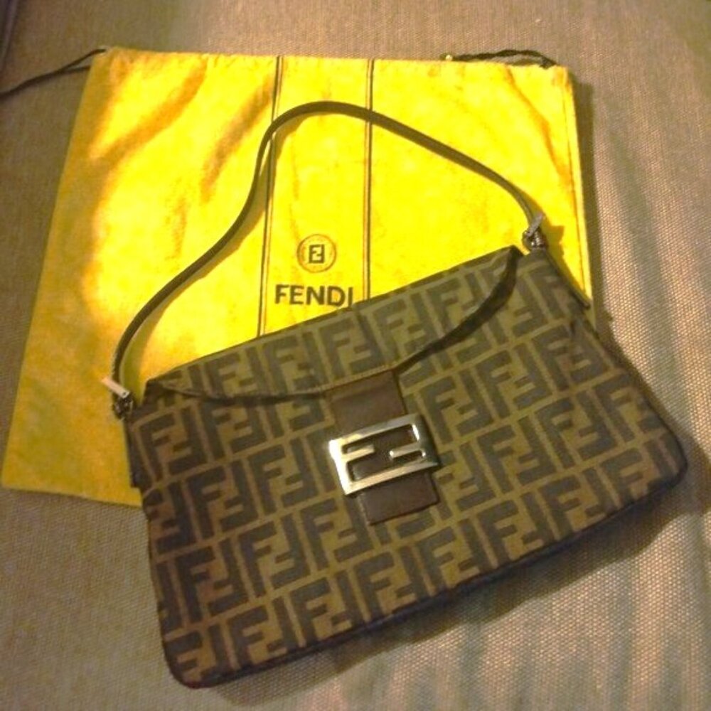 ❤️ Auth FENDI Double Flap Zucca Canvas & Leather Shoulder Bag Italy +DUSTBAG